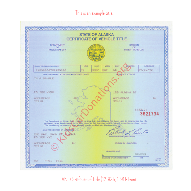 Alaska Certificate of Title (12-835, 1-91): Front | Kids Car Donations